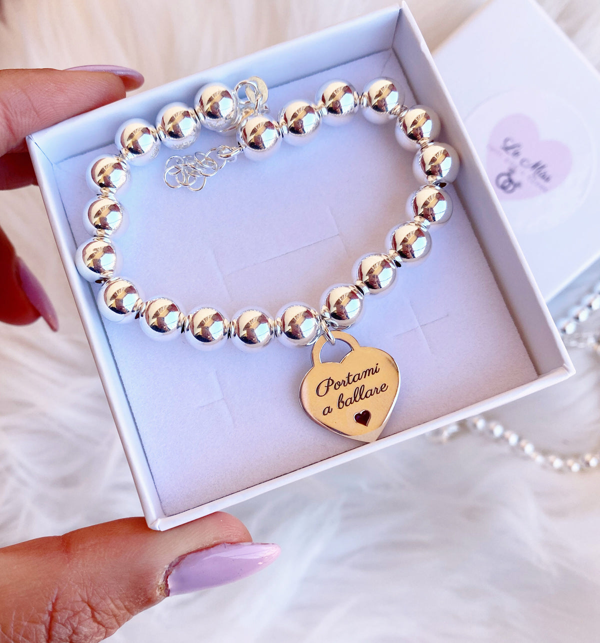 Bracciale sfere big cuore inciso
