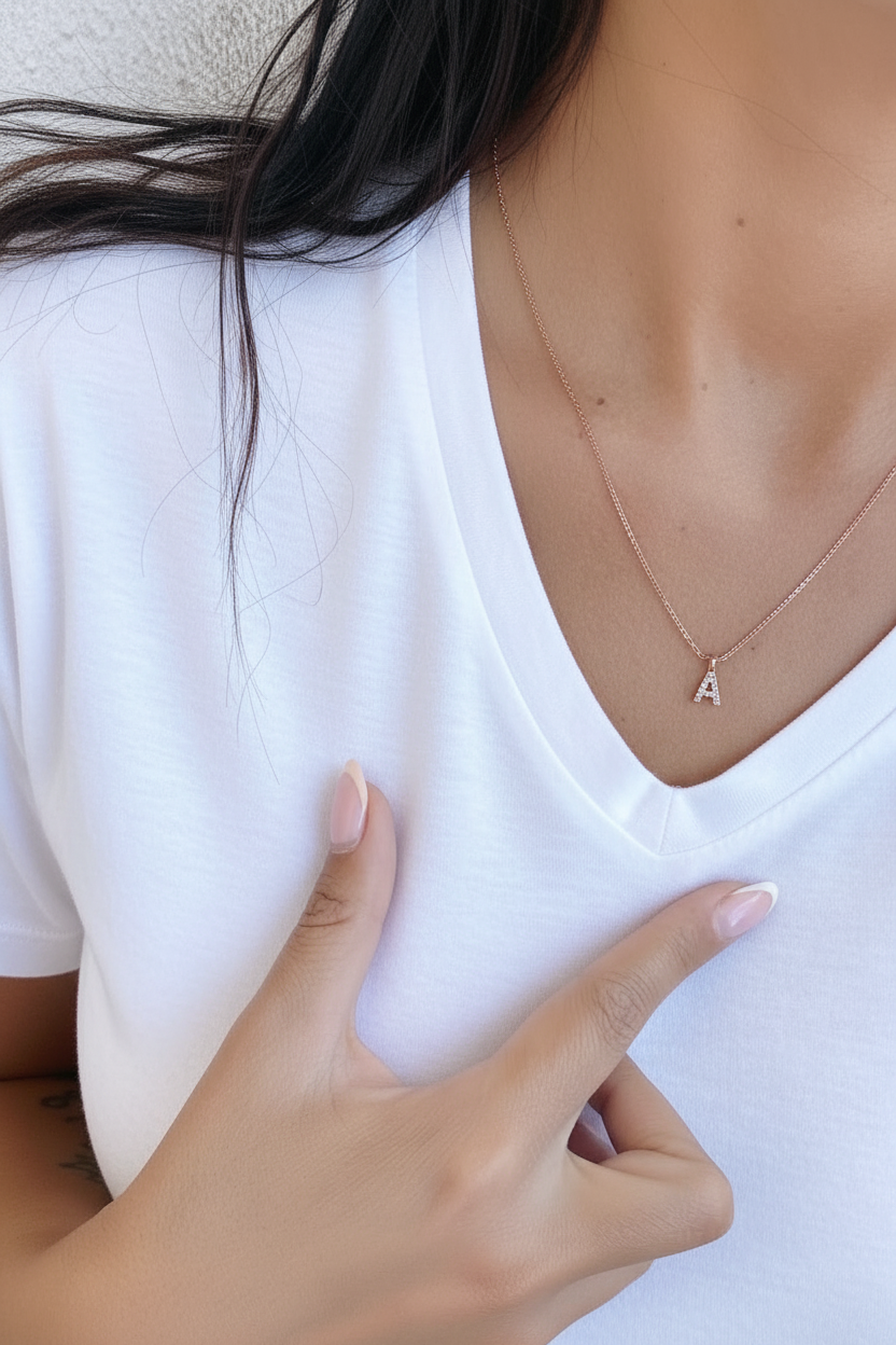 Collana filo diamantato e letterina - maglia bianca scollo V