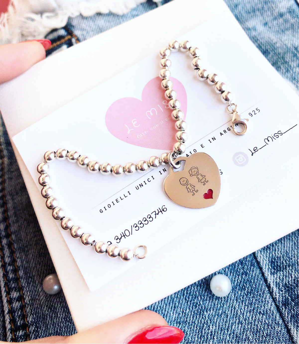 Bracciale sfere medie cuore inciso