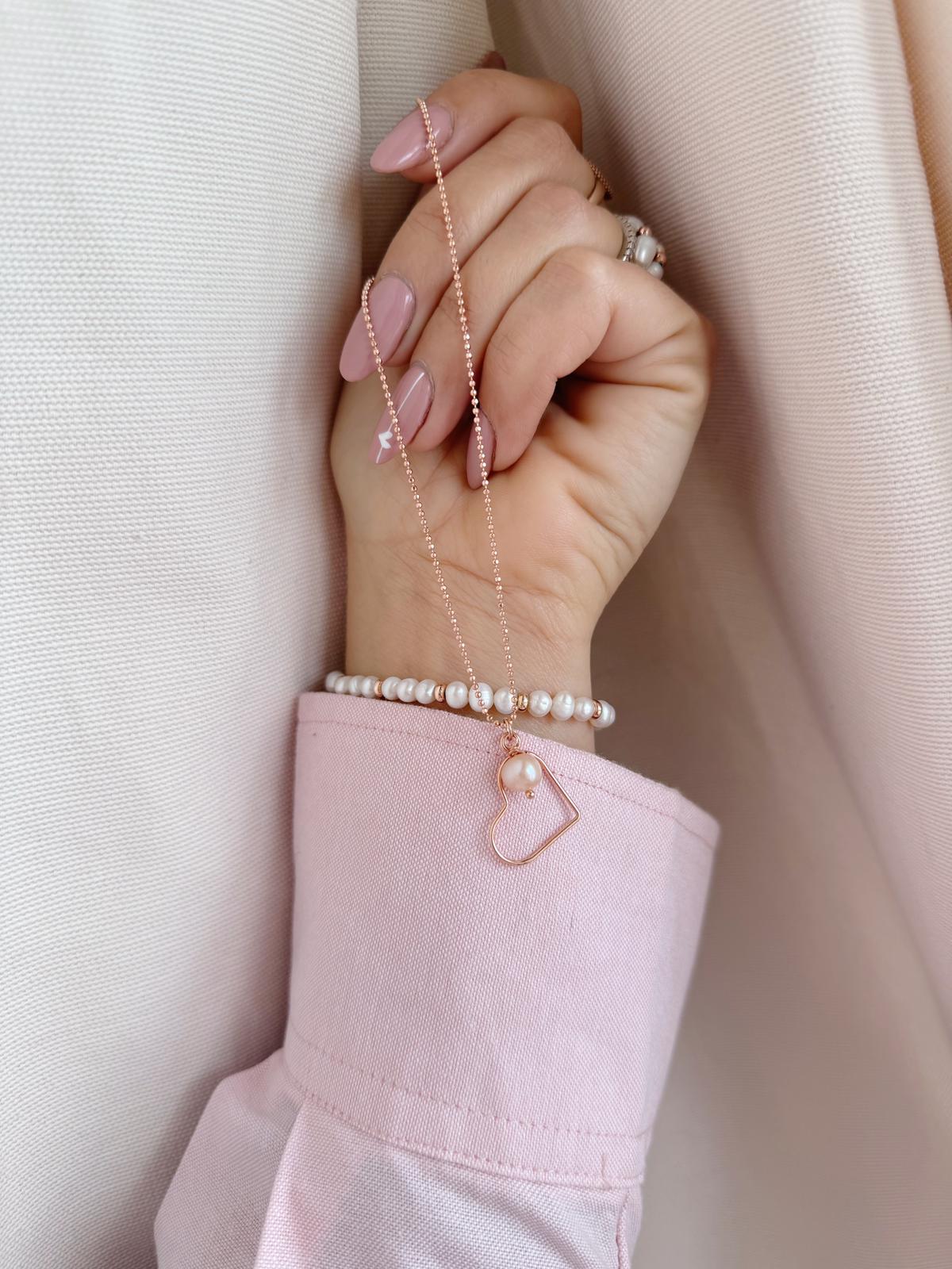 Collana micro sfere cuore filo e perla rosata